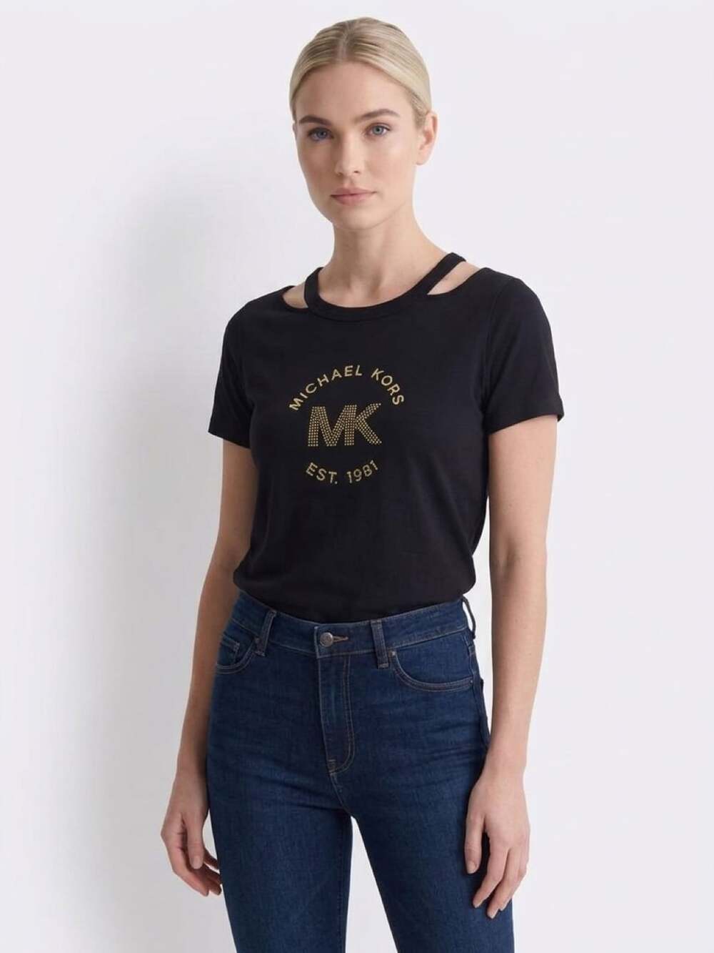 Michael Michael Kors Logo T-Shirt Size L Black Cold Shoulder